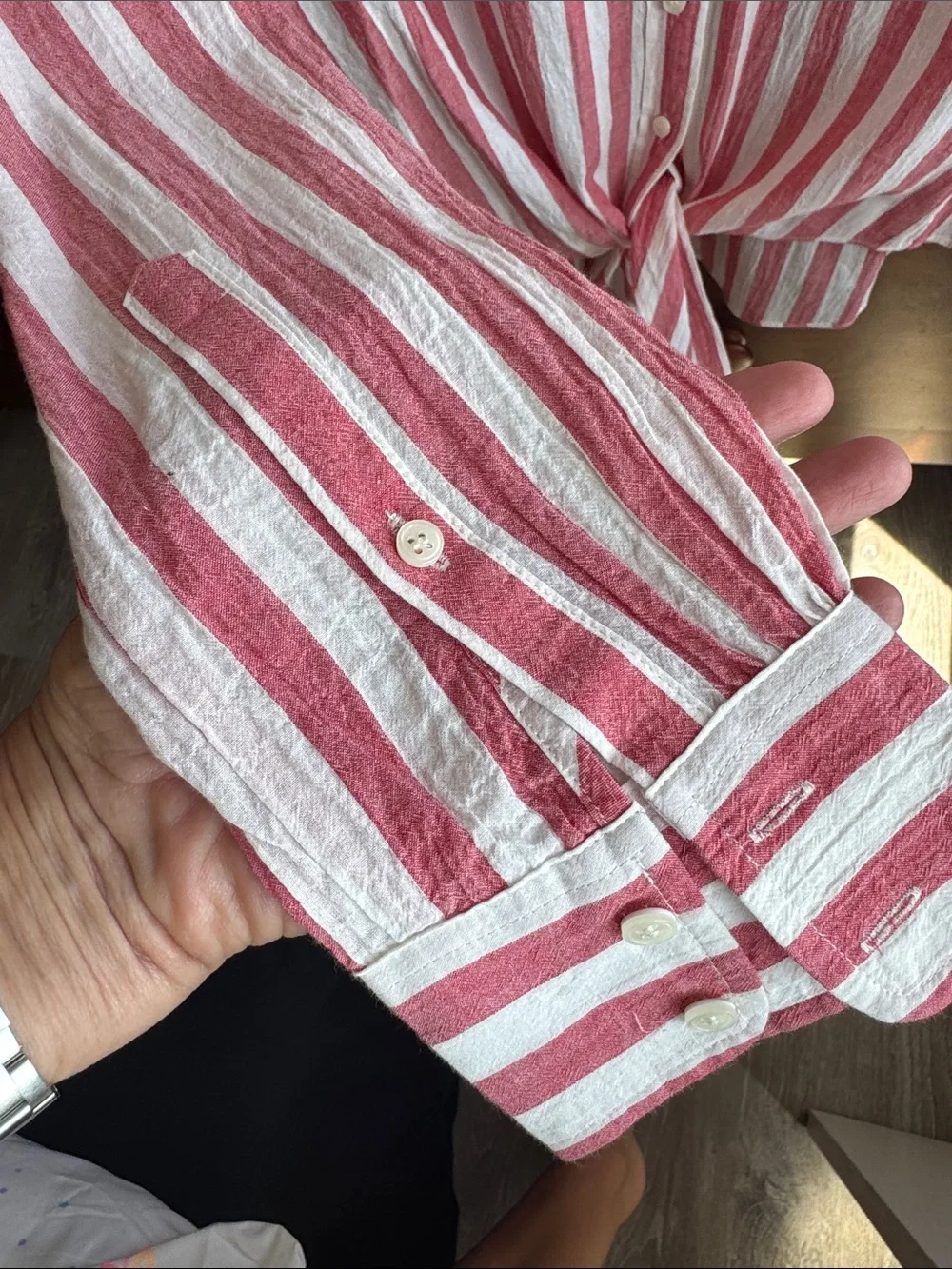 J. Crew Pink and White Striped Tie-Front Button-Up Shirt